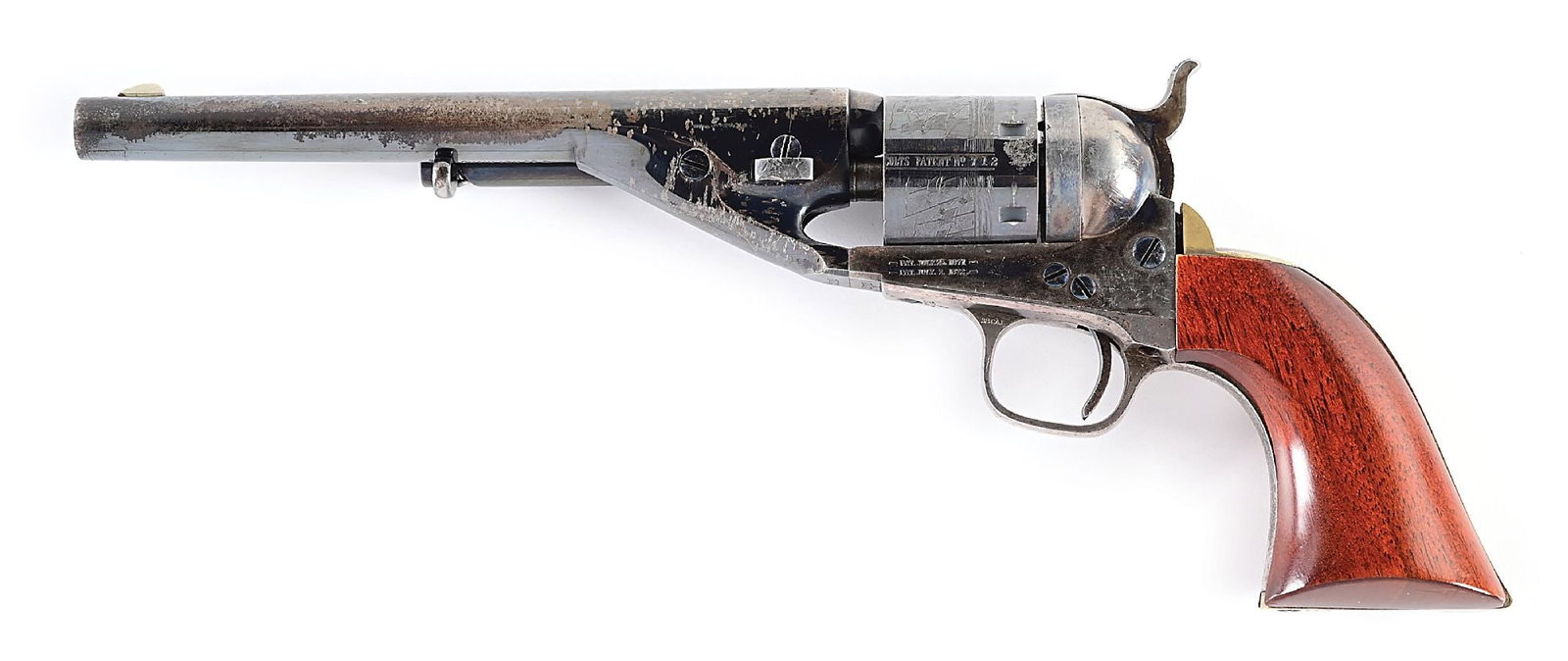 (A) FINE COLT MODEL 1861 NAVY SINGLE ACTION REVOLVER WITH A FACTORY CONVERSION.: The Navy frame dates to 1861. Beginning in 1870 when the Rollin White patent expired in December of 1869, Colt began tooling up to convert original percussion revolvers to accept cartridges and even p
