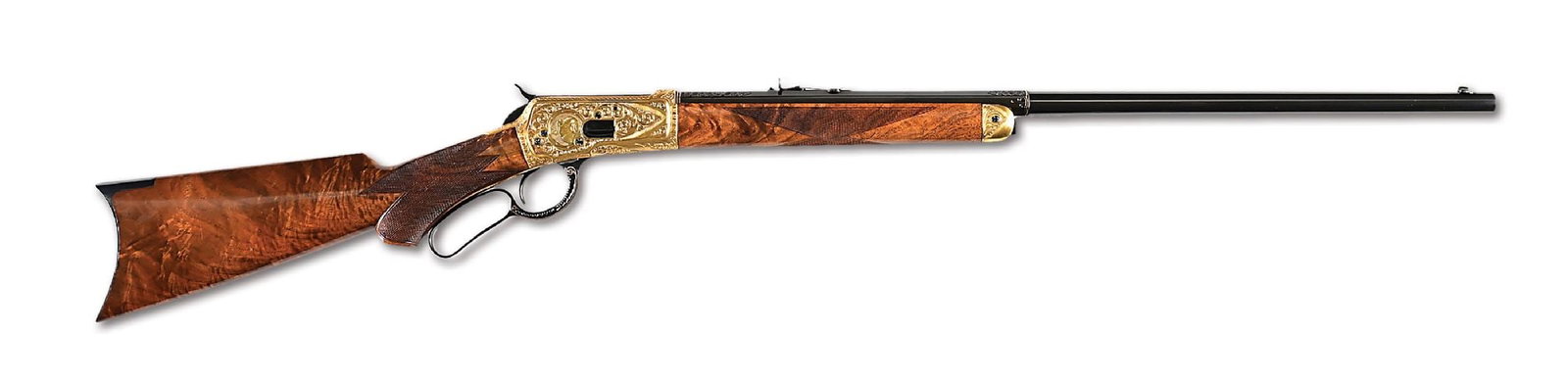(A) BEN LANE EXHIBITION ENGRAVED WINCHESTER MODEL 1892 UPGRADED DELUXE LEVER ACTION RIFLE.: Originally manufactured in 1893 per Madis, this very handsome rifle was upgraded and engraved in 1972 by the late master engraver Ben G. Lane Jr. It currently sports a lustrous polished blue half octa