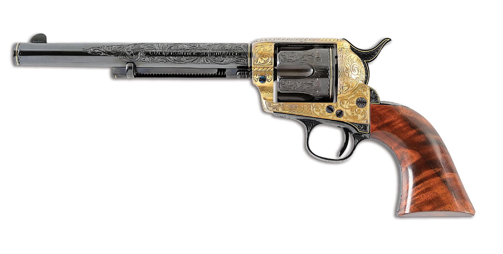 (A) BEN LANE MASTER ENGRAVED COLT FRONTIER SIX SHOOTER SINGLE ACTION ARMY REVOLVER WITH GOLD.: Originally manufactured in 1897, this highly attractive revolver was engraved by the late master engraver Ben G. Lane Jr. in 1988 in the iconic factory Helfricht exhibition style. The richly blued bar