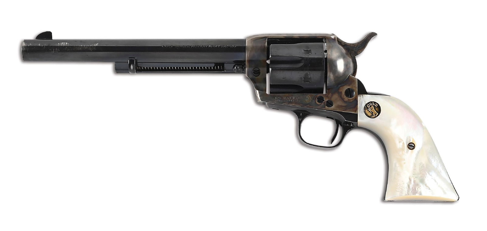 (C) FIRST GENERATION COLT SINGLE ACTION ARMY REVOLVER IN .32-20, WITH PEARL GRIPS.: According to the Colt Factory archive letter, this gun was shipped with a 7 - 1/2" barrel. The finish was blue and the grips were not listed. It was shipped to Wyeth Hardware & MFG. Company in St. Jos