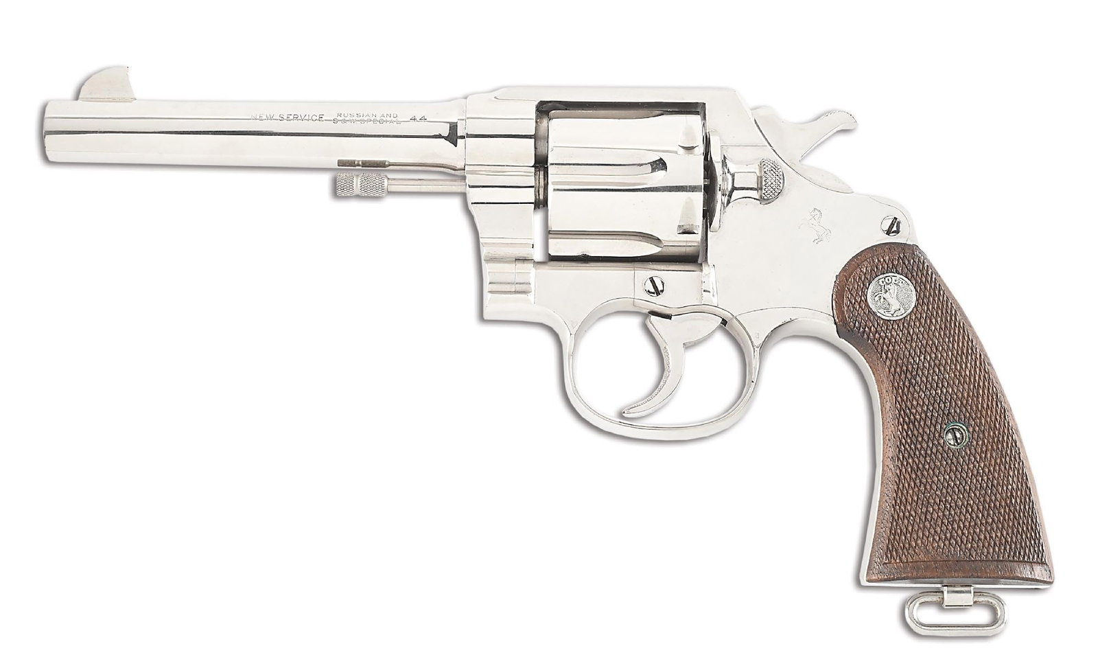 (C) SCARCE NICKEL FINISHED COLT NEW SERVICE DOUBLE ACTION REVOLVER IN .44 S&W.: Produced by Colt in 1938, this scarce nickel new Service in .44spl/Russian was shipped to Monroe, Louisiana in a two gun shipment. The pistol features a high polished nickel finish with a matte top st