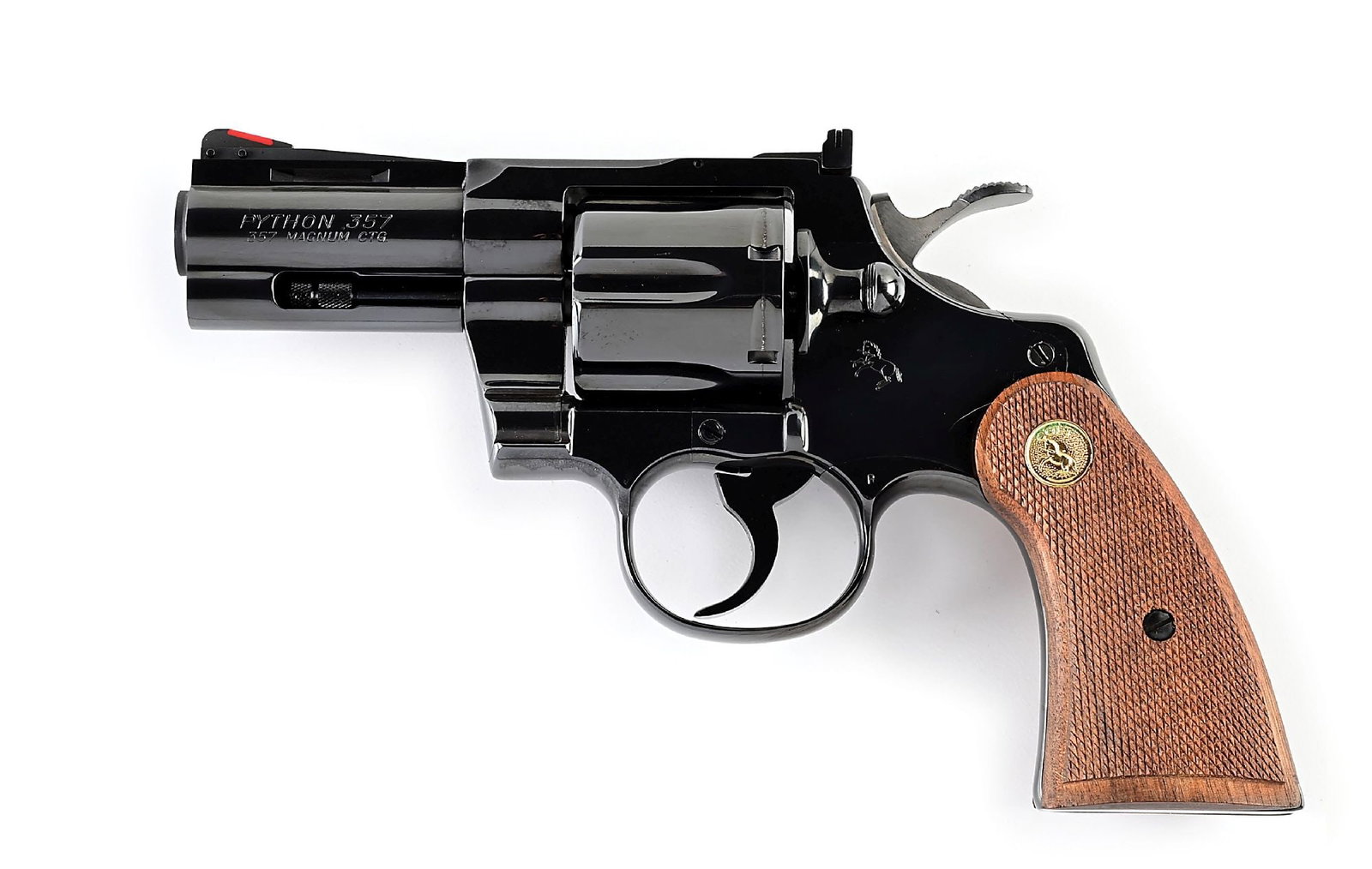 (M) EXTREMELY RARE COLT PYTHON WITH 3 INCH BARREL WITH FACTORY LETTER AND BOX.: Produced by Colt in 1984, this scarce 3" barreled blue Python appears as new and possibly unfired since leaving the factory. The three inch version of the venerable Python is extremely difficult to fi