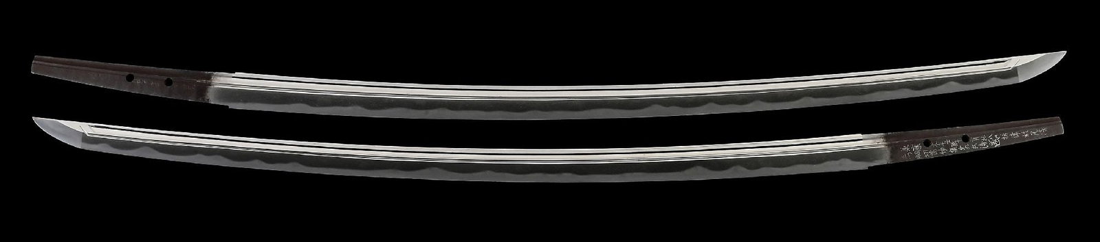 IMPORTANT JAPANESE KATANA WITH GINZOGAN THREE BODY TEST CUT, POSSIBLY NAOE SHIZU: 70.5cm nagasa of the iconic and bold nanbokucho form, with a wide feeling and stretched chu kissaki. Jigane is a well knit mokume and flowing itame, with areas of tobiyaki, especially in the upper hal