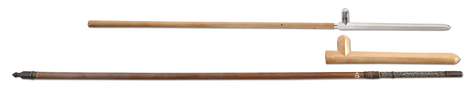 VERY RARE SIGNED UBU KATAKAMA YARI WITH ABALONE SHAFT: Measures 46cm from tip to base of shaft, with a 17.9cm fluke. The jihada is a flowing masame with a suguha hamon, with nie activity throughout including sunagashi, inazuma, hakkikake, with chikei in t