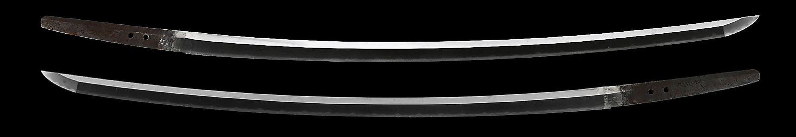 KANEMOTO KATANA REMOUNTED IN WORLD WAR II MOUNTS FOR WARTIME USE, WITH FAMILY CREST ON HANDLE.: The fame of the Kanemoto name can be traced to Magoroku Kanemoto, who is rated Saijosaku for his outstanding skill and Saijo Owazamono for supreme cutting ability. His fame is such that many successiv