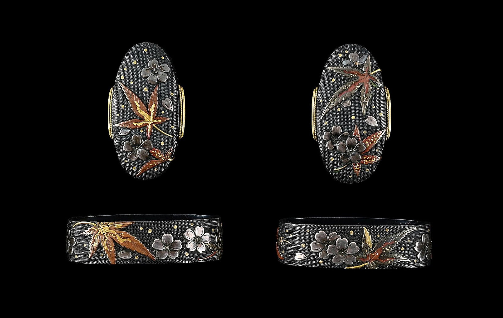 DAISHO SET OF GOTO ICHIJO FUCHI KASHIRA: Goto Ichijo was born in Kyoto in 1791 to the Shichiro'emon branch family of the Goto family. He worked for the court and shogunate and his work was, and still is, highly prized, and have been the subj