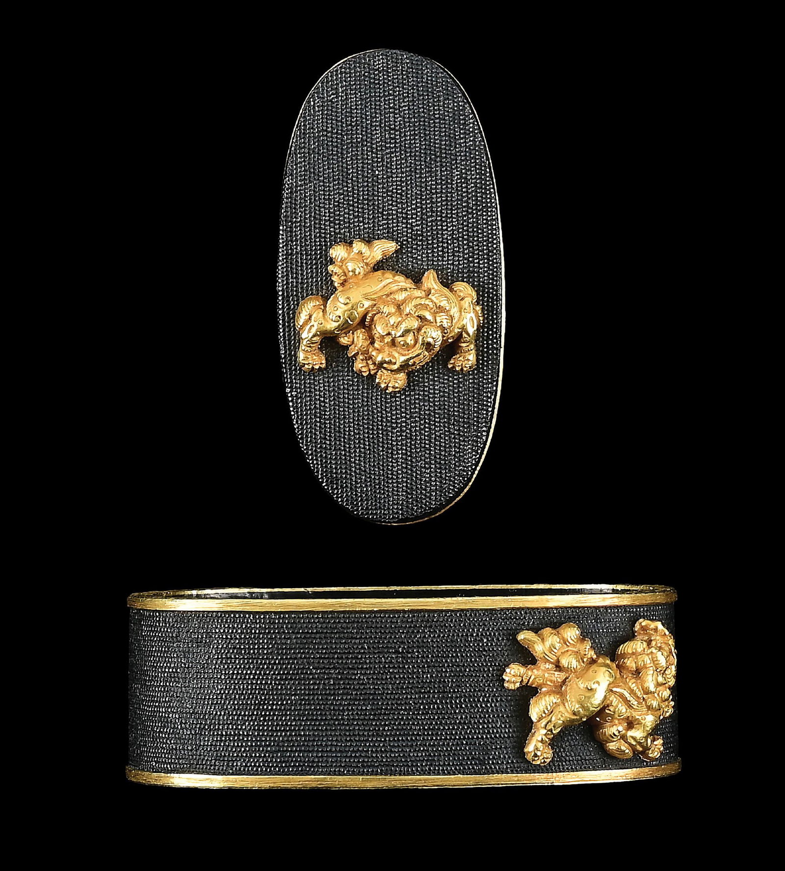 GOTO MITSUTAKA FUCHI KASHIRA WITH GOTO JOSHIN SHISHI DOGS, EX. SWEDLOW COLLECTION: The first three generations of Goto are regarded as the original masters of the mainline school, however, they are also known never to sign their works. Because of this, an idea was created that the l