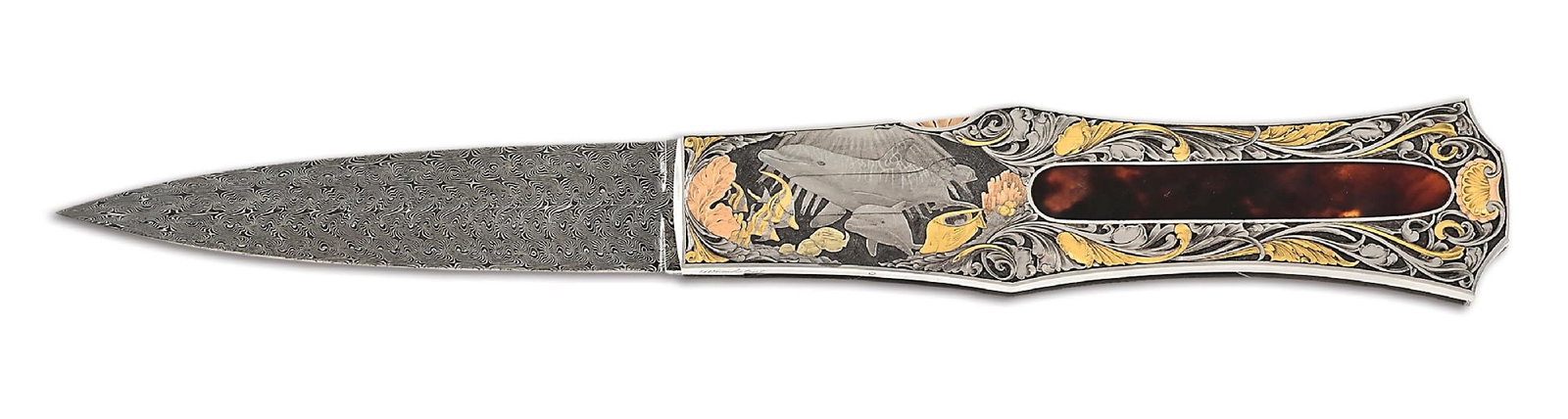 JOE KIOUS CUSTOM POCKET LOCKET AUTO LOCKBACK ENGRAVED BY BRIAN HOTCHSTRAT.: Joe Kious custom sea life engraved pocket locket that features a Jerry Rados "Turkish Twist" Damascus dagger blade signed "KIOUS" on the side. Engraved 416 stainless steel with 24k gold and rose gold