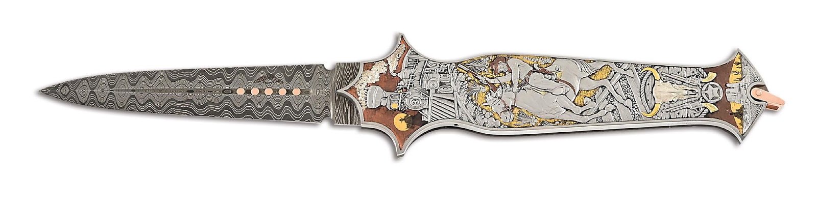 WARREN OSBORNE "THE TRAIN JOB" CUSTOM AUTO LOCKBACK ENGRAVED BY ALEKSEY SABUROV. #2064: Warren Osborne custom "The Train Job" switchblade that features a Mike Norris Damascus dagger blade marked with Warren Osborne's boomerang logo. Sculpted 24k gold, 18k green gold, silver, and copper i
