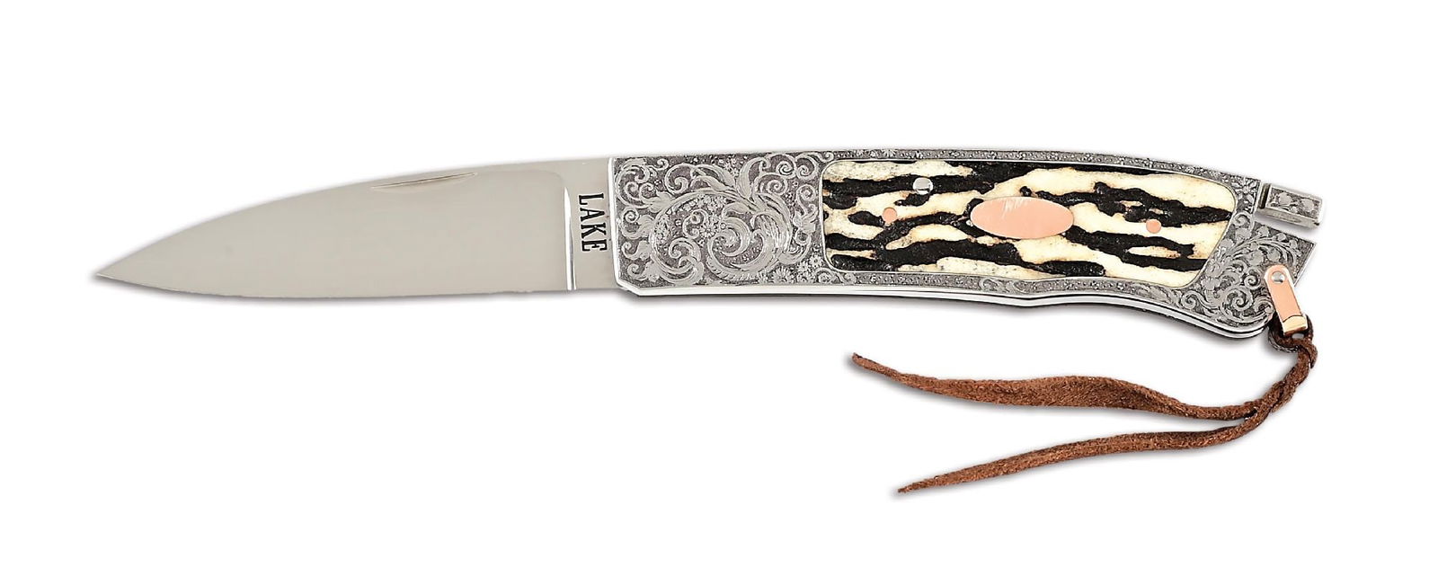 RON LAKE CUSTOM TAIL LOCK KNIFE WITH STAG SCALES ENGRAVED BY GIANFRANCO PEDERSOLI. #2215 (1 of 5)