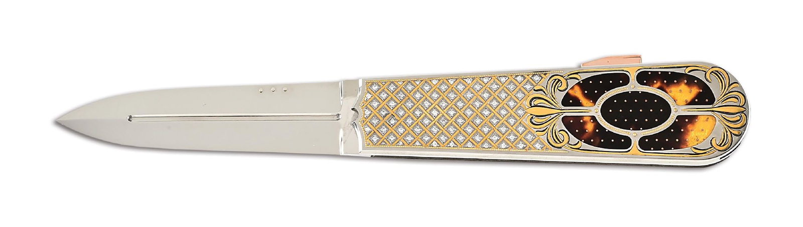 ANTONIO FOARIZZU DIAMOND ENCRUSTED PIQUED LOCKBACK DAGGER ENGRAVED BY JULIE WARENSKI.: Antonio Foarizzu Custom diamond encrusted piqued dagger that features a mirror polished ATS-34 blade with nail nick assist. Frame is 416 stainless steel with 24k gold inlays set with 3.5 CTW diamonds
