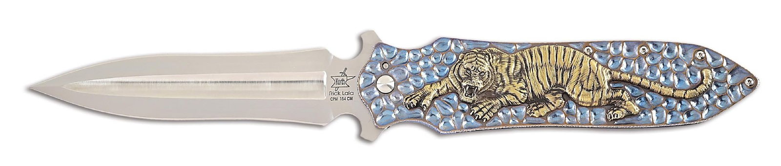 KORTH CUTLERY LARGE PROTOTYPE FOLDING DAGGER.: Immense folding dagger crafted by Rick Lala of Korth Cutlery. The dagger features a large double edged blade with deep fullers marked "RICK LALA / CPM 154 CM" below the Korth Cutlery logo on obverse r