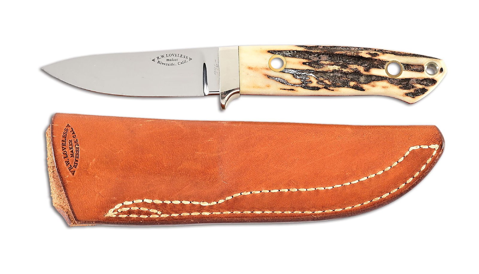 BOB LOVELESS STAG HANDLED DROP POINT BELT KNIFE WITH SCABBARD. (1 of 8)