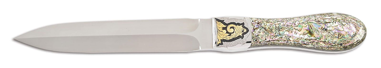 JIM SORNBERGER 24K GOLD INLAY AND ABALONE SCALE ART DAGGER. #1547: Jim Sornberger art dagger that features an ATS-34 steel dagger blade marked "J Sornberger / Volcano Ca." in script on the ricasso. No crossguard with engraved textured stainless throat that features 2