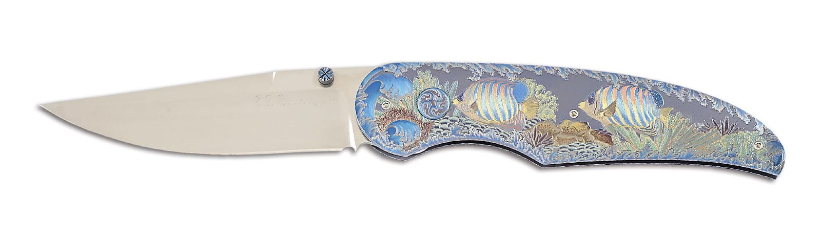 GARY BLANCHARD SOLE AUTHORSHIP ENGRAVED TITANIUM BUTTON LOCK KNIFE. (1 of 5)