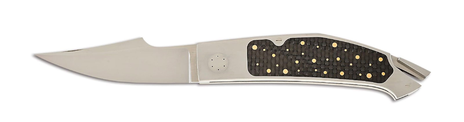 EMMANUEL ESPOSITO CUSTOM TAIL LOCK CARBON FIBER KNIFE WITH INLAID 24K GOLD DOTS: Emmanuel Esposito custom folding knife that features a hand rubbed satin finished ATS-34 blade. Hand rubbed satin finished 416 steel frame with carbon fiber inlays highlighted by 24k gold dots. Inside