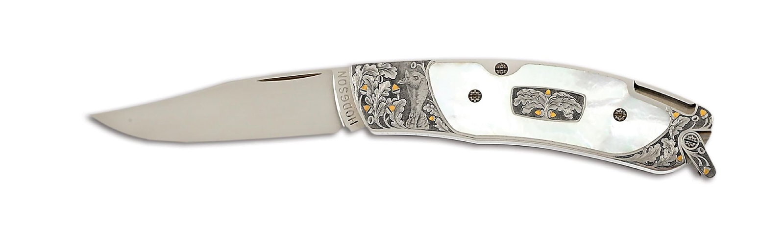 DICK HODGSON MOTHER OF PEARL INTERFRAME TAIL LOCK CUSTOM KNIFE ENGRAVED BY JIM BLAIR. (1 of 8)