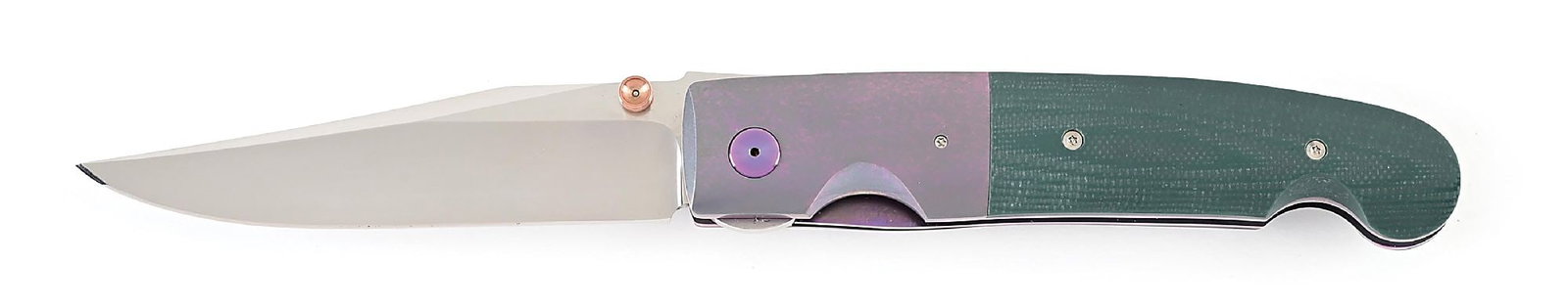 MICHAEL WALKER LINERLOCK FOLDER.: Linerlock folder crafted by Michael Walker, who has been a custom knifemaker since 1980. The knife features a satin finish stainless steel blade with clip point marked "Walker" in script on the obvers