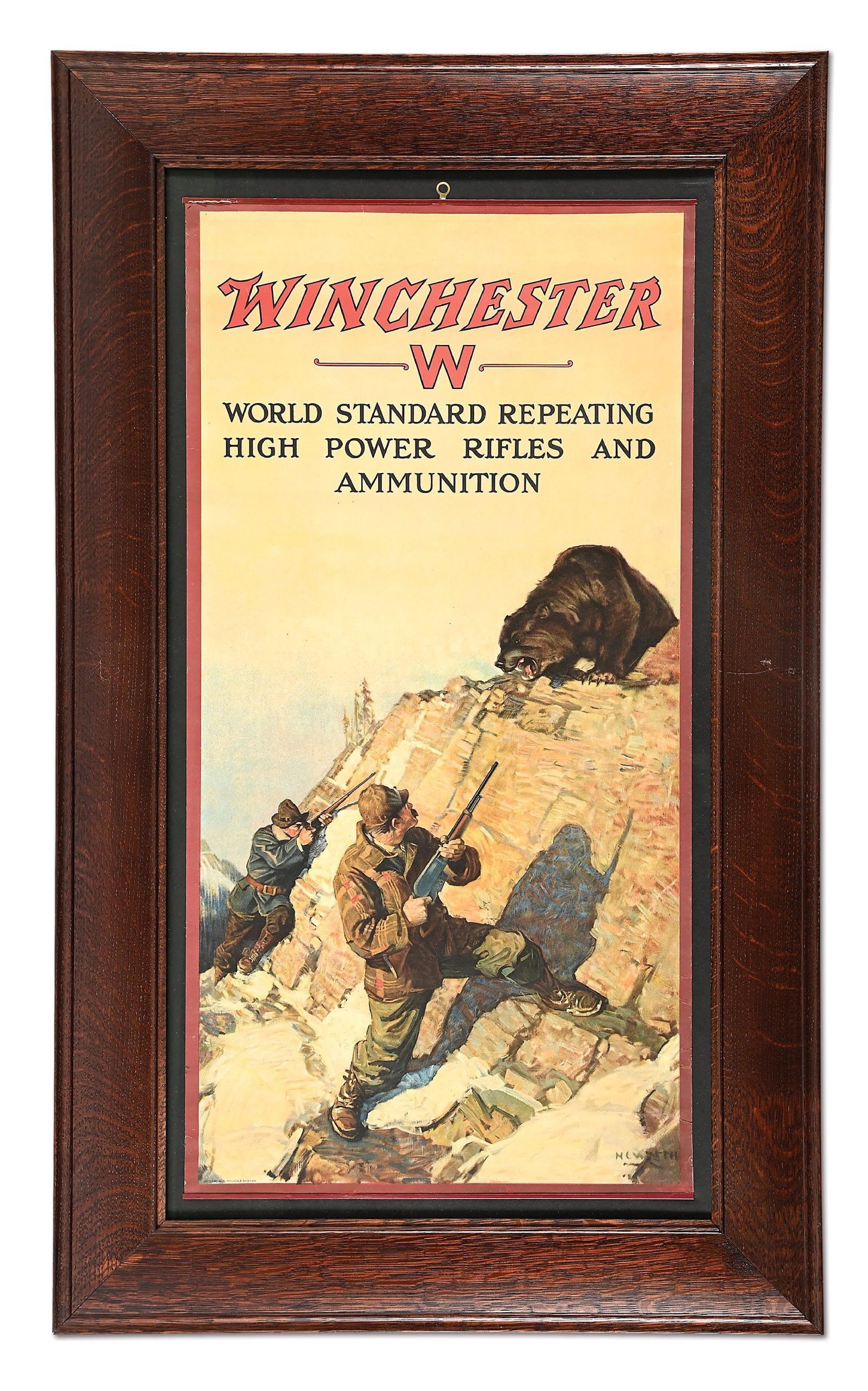 OUTSTANDING N. C. WYETH WINCHESTER BEAR & HUNTERS LITHOGRAPHED ADVERTISING: Circa 1910. Wyeth was considered a preeminent artist just after the turn of the and he supplemented his income producing advertising art for businesses such as Winchester. This colorful and exciting i