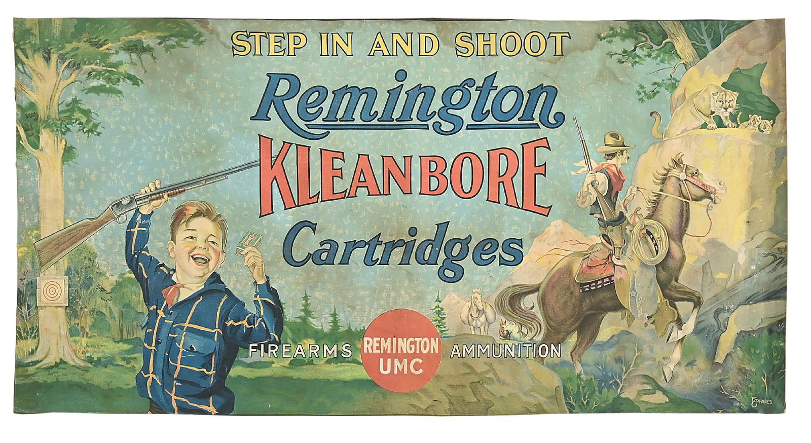 RARE REMINGTON-UMC ARMS AND AMMUNITION FULL COLOR CANVAS BANNER, CIRCA 1936. (1 of 6)