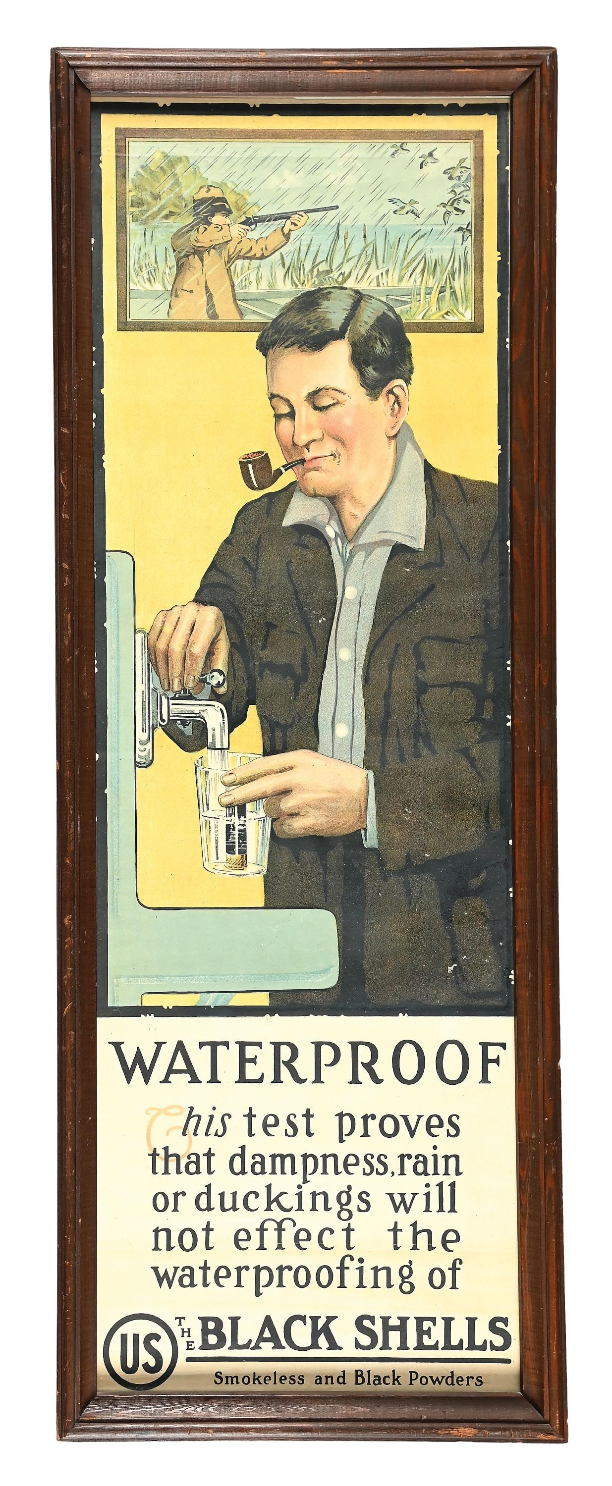 FRAMED "US BLACK SHELLS" ADVERTISING POSTER: This famous company was formed in 1869, but all of their manufacturing and machinery was transferred to Winchester by the new owners and was completely absorbed by 1926. This colorful lithograph