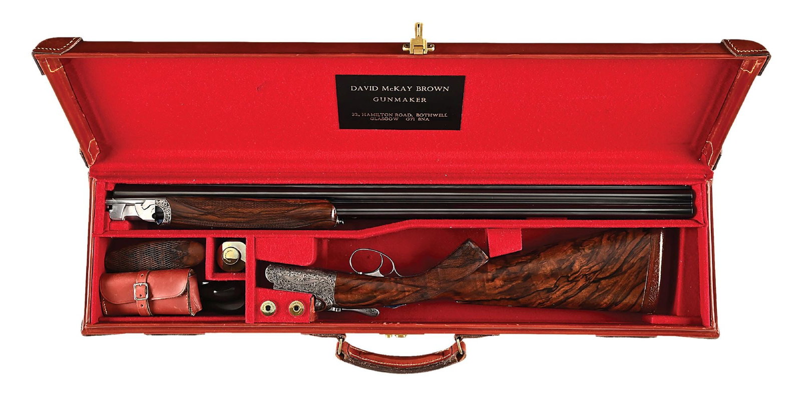 (M) RIPA ENGRAVED DAVID MCKAY BROWN 20 BORE OVER UNDER SHOTGUN WITH CASE.: Proofed in 2003 per London proofmarks, and completed in 2004 per "David McKay Brown: Scotland's Gun and Rifle Manufacturer" by Dallas, where this gun is recorded on page 191 as a 20 bore over/under wi