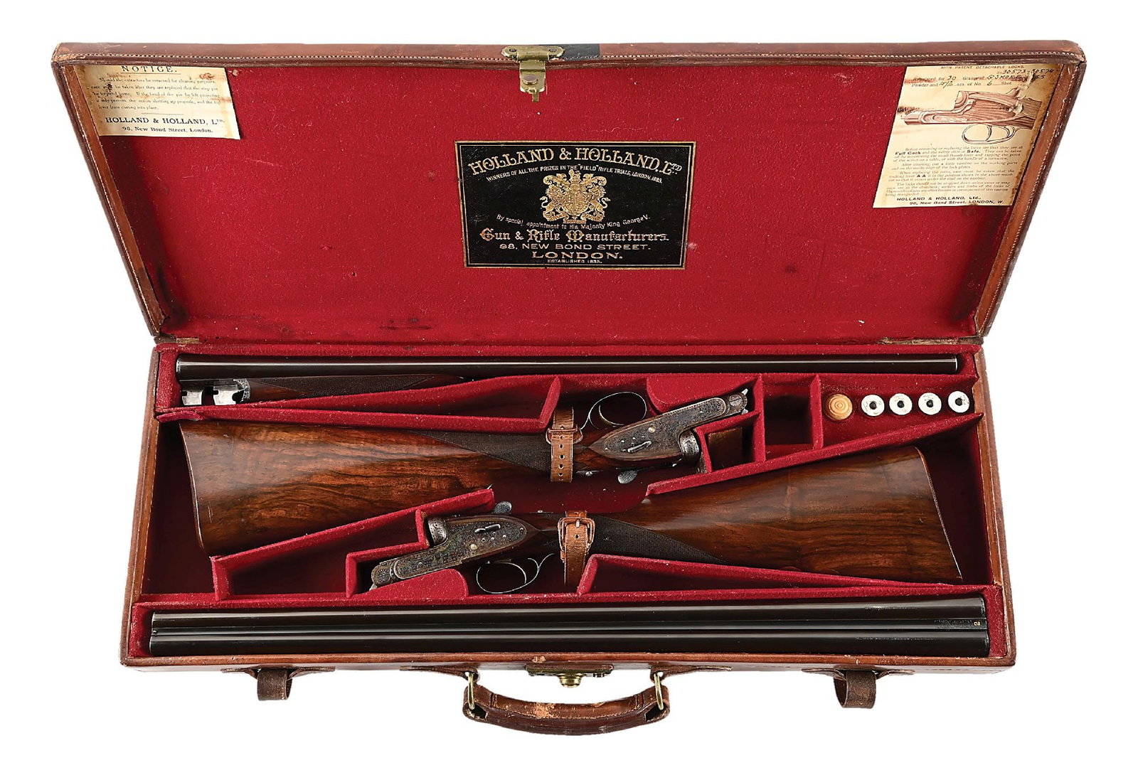 (C) FINE CASED PAIR OF 16 GAUGE HOLLAND & HOLLAND "ROYAL" HAMMERLESS EJECTOR SINGLE TRIGGER GAME: 28" Chopper lump bbls with swamped game ribs are engraved "Holland & Holland" "98 New Bond Street, London." on tops. Breech ends of ribs are gold inlaid "1" or "2" with matching numbers on top levers,