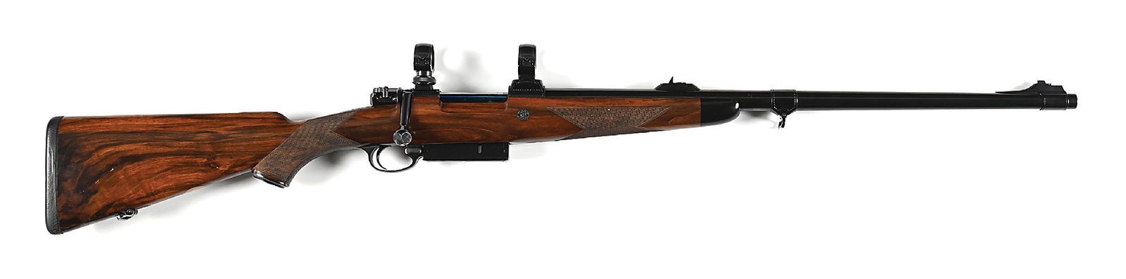 (M) JAGDHAUS WILHELMSHOHE .500 JEFFERY BOLT ACTION DANGEROUS GAME RIFLE.: This beautifully finished and well handling behemoth rifle was crafted in Germany with gold inlaid "JAGDHAUS WILHELMSHOHE" retailer marking and ".500 JEFFERY" caliber on the top of the barrel. The ric