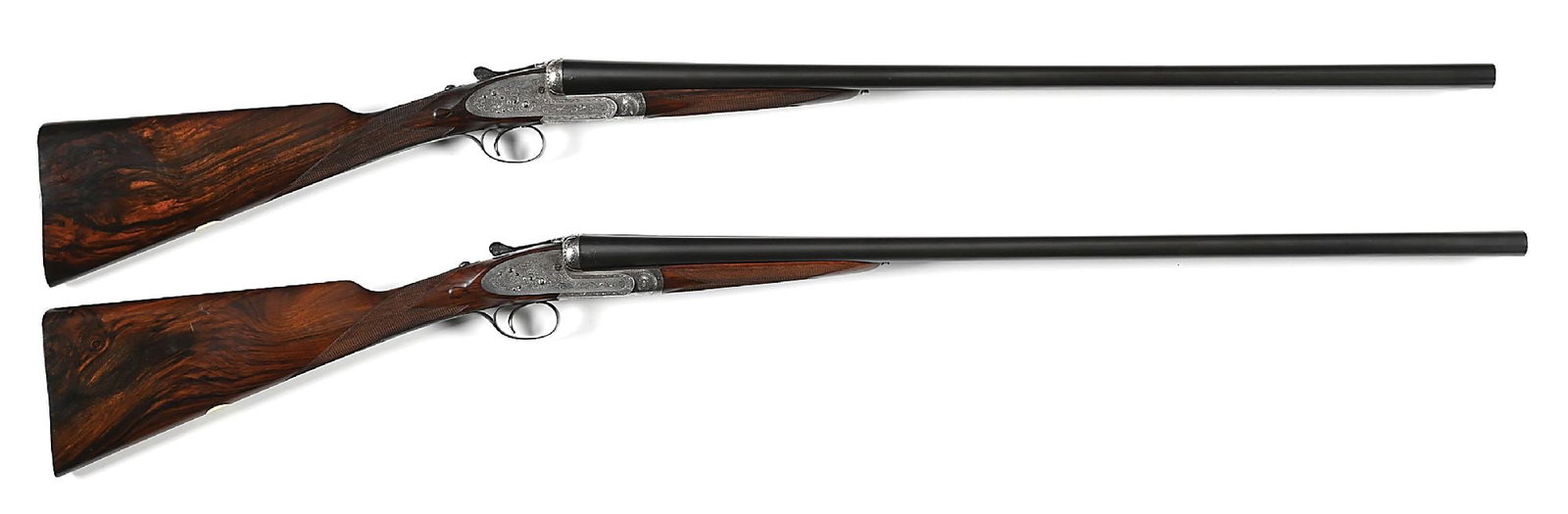 (C) PAIR OF FREDERICK BEESLEY 12 BORE SIDE BY SIDE SLE SHOTGUNS WITH CASE.: A true pair of Beesley shotguns with sequential serial numbers and gold inlaid "1" and "2" across both guns at rear of rib and at the break-open levers. Beesley is particularly famed for his self open