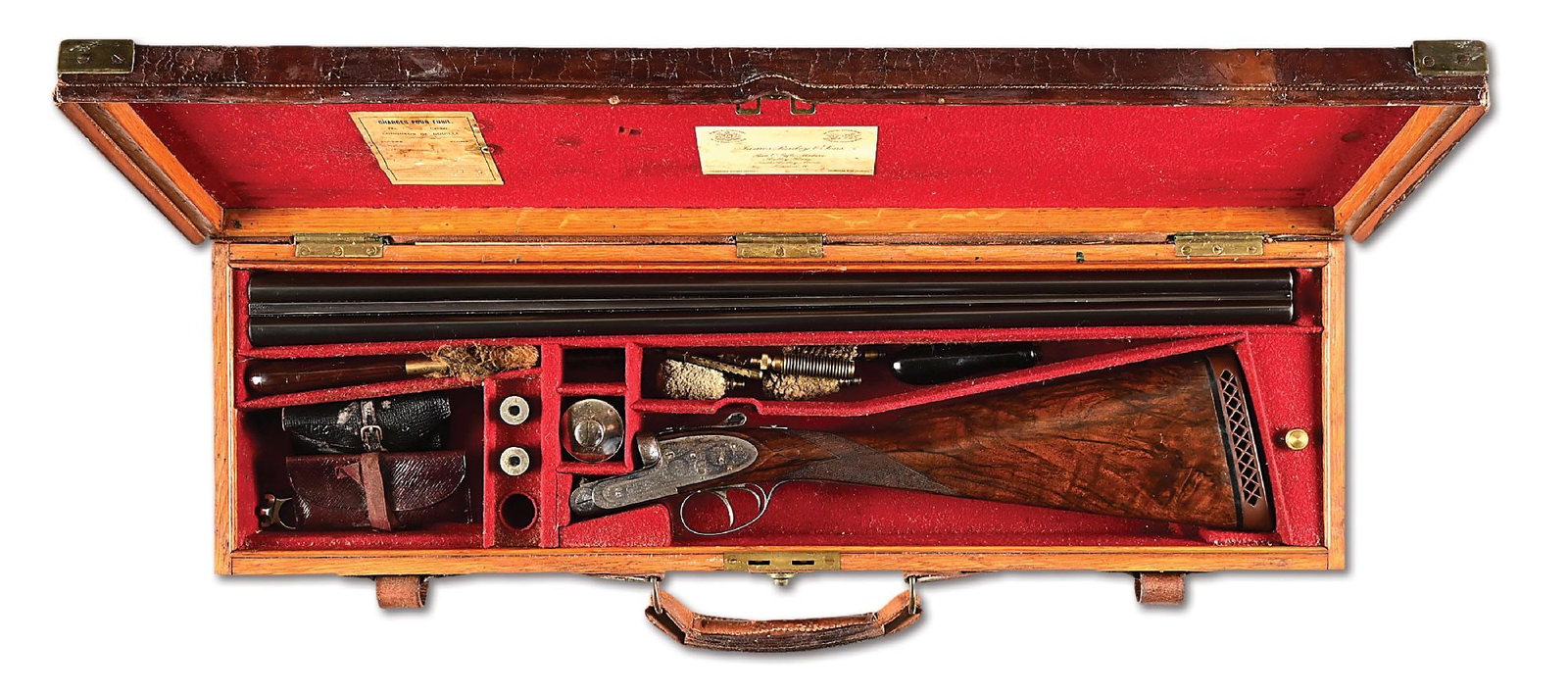 (C) PRE-WAR J. PURDEY & SONS SLE SIDE BY SIDE 16 BORE SHOTGUN WITH CASE (1908).: Circa 1908 per "James Purdey & Sons: Gun and Rifle Makers: Two Hundred Years of Excellence" by Dallas. Chopper lump barrels with a diminutive bead front sight on a solid, concave, narrowing game rib e