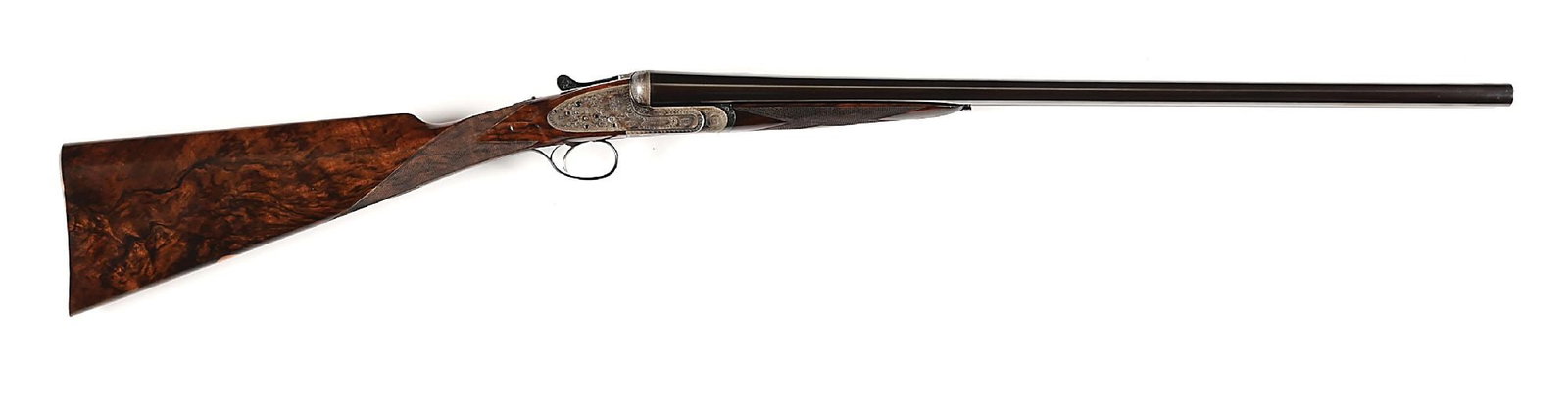 (C) BOSS & CO 12 GAUGE SLE SIDE BY SIDE SHOTGUN.: Circa 1926-1930 per "BOSS & Co.: Best Gunmakers" 2nd Edition, by Dallas. A later set of post-1963 chopper lump barrels with with a diminutive bead front sight on a solid, narrowing, concave rib engrav