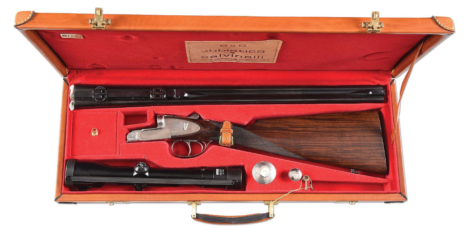 (M) ABBIATICO & SALVINELLI SIDE BY SIDE DOUBLE RIFLE IN 9.3X74R WITH CASE.: Circa 1976. We believe this to be a fine prototype double rifle for the famous Italian gun and rifle maker in a great European caliber with monobloc 23 - 1/2" blued steel barrels. Barrels are fitted w