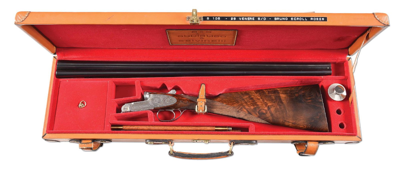 (M) ENGRAVED ABBIATICO & SALVINELLI SIDE BY SIDE SHOTGUN WITH CASE.: Circa 1980. A nice light weight 28 bore game gun with chopper lump blued steel 26 - 3/4" barrels. Barrels are nicely fitted with 2 - 3/4" chambers, ejectors, and Holland & Holland style self opening m