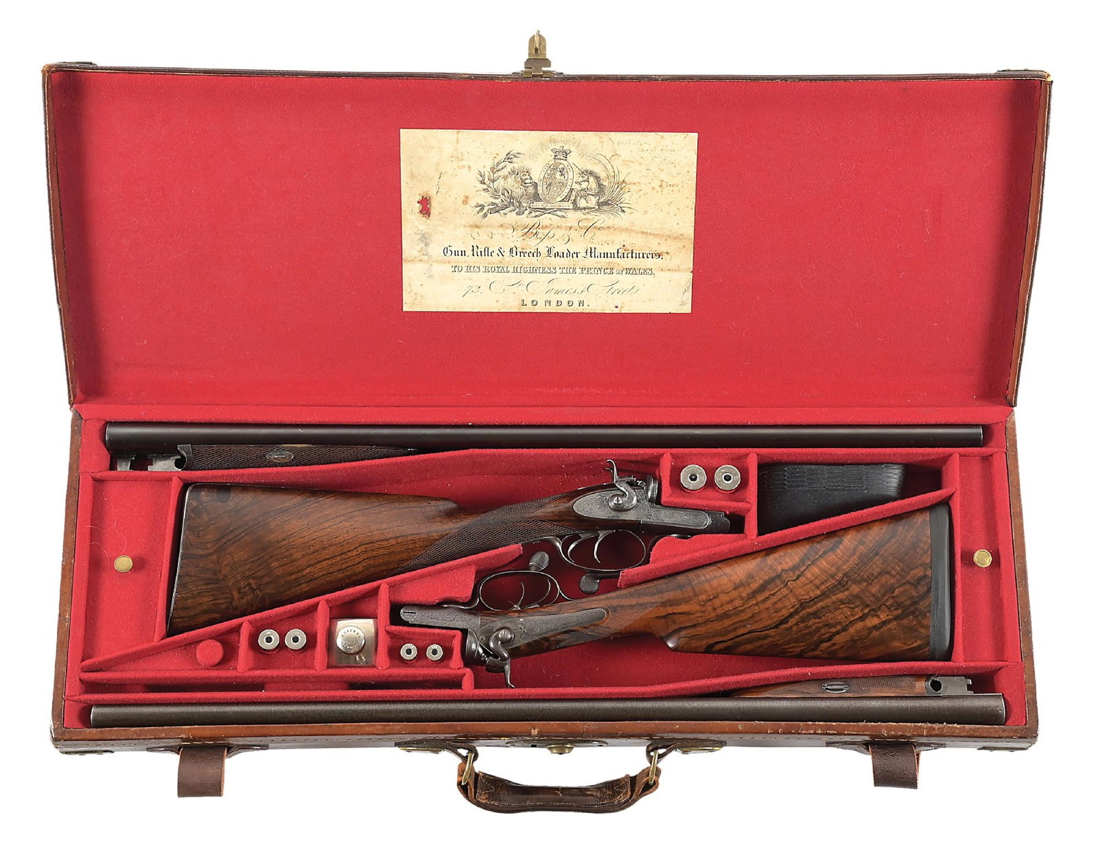 (A) CASED SET OF BOSS SIDE BY SIDE UNDERLEVER SHOTGUNS.: Composed pair of cased Boss & Co. 12 bore underlever hammer guns with one gun fitted with 28 bore tubes. Both guns sport 30” barrels. The 12 bore gun is choked improved cylinder and light modifi
