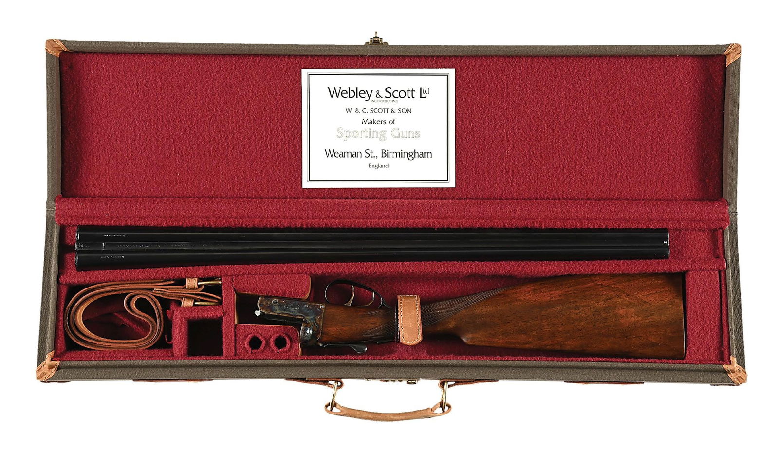 (C) CASED WEBLEY & SCOTT 700 20 BORE SIDE BY SIDE SHOTGUN WITH CASE.: Factory cased Webley Model 700E 20 bore double with vividly case colored receiver and richly blued barrels, with automatic ejectors. Hand oil finished highly figured walnut stocks with concave rib. Ma