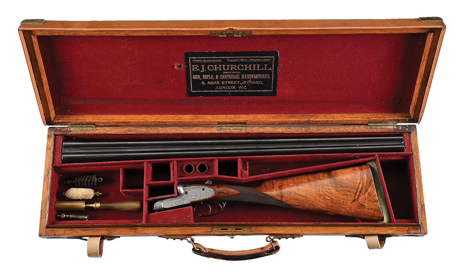 (A) E.J. CHURCHILL SLE 12 BORE SIDE BY SIDE SHOTGUN.: Circa 1895 per "British Gunmakers: Volume I - London" by Brown. Chopper lump barrels fit with a swamped, matted, solid rib with mushroom bead front sight and gold inlaid "2" at rear. Right tube engrav