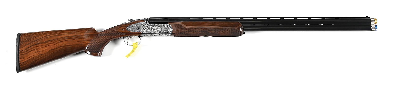 (M) ENGRAVED RIZZINI S2000 12 GAUGE OVER/UNDER SHOTGUN WITH CASE.: A quality Italian made sporting shotgun now discontinued. Blued "STEEL SHOT" barrel with ventilated side and top ribs, the top rib matted with horizonal serrations and mounted with a Bradley style fro