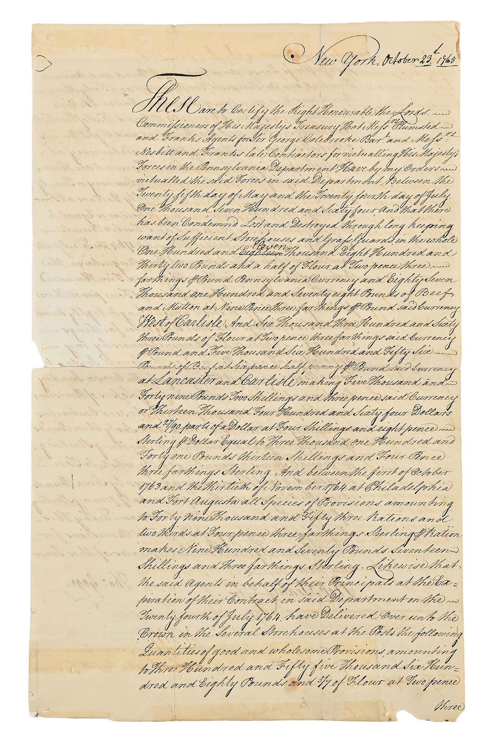 1765 LETTER SIGNED BY GENERAL THOMAS GAGE. (1 of 4)