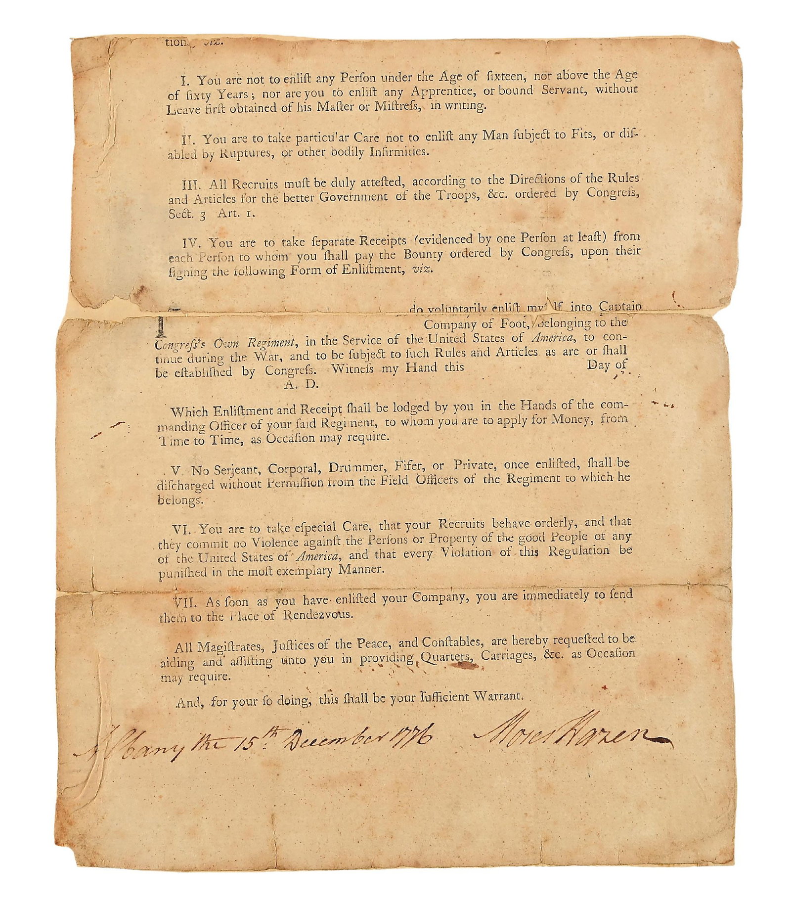 MOSES HAZEN SIGNED WARRANT.: Portion of printed warrant and instructions to an unnamed officer for enlisting recruits in a “company of foot belonging to Congresses Own Regiment.” Laid down on old paper. Signed at bott