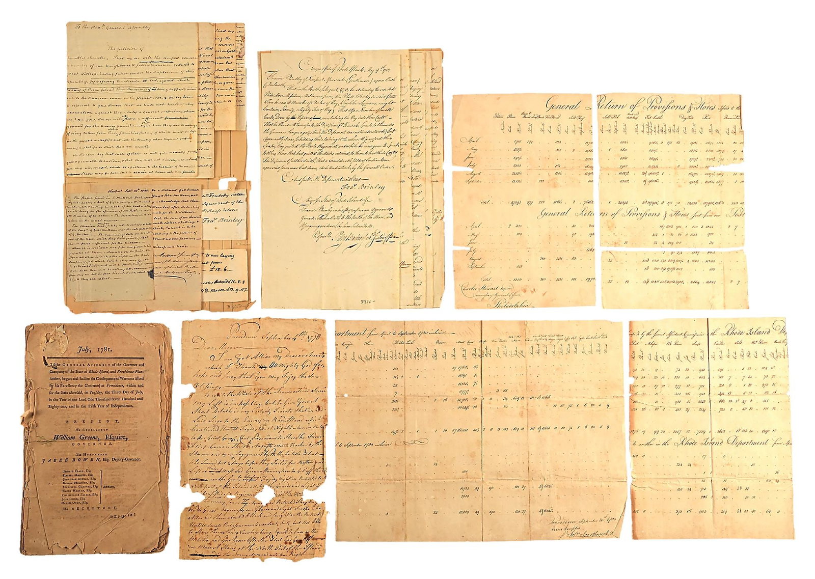 LOT OF REVOLUTIONARY WAR RHODE ISLAND DOCUMENTS, BATTLE LETTER, RESOLUTIONS. (1 of 5)