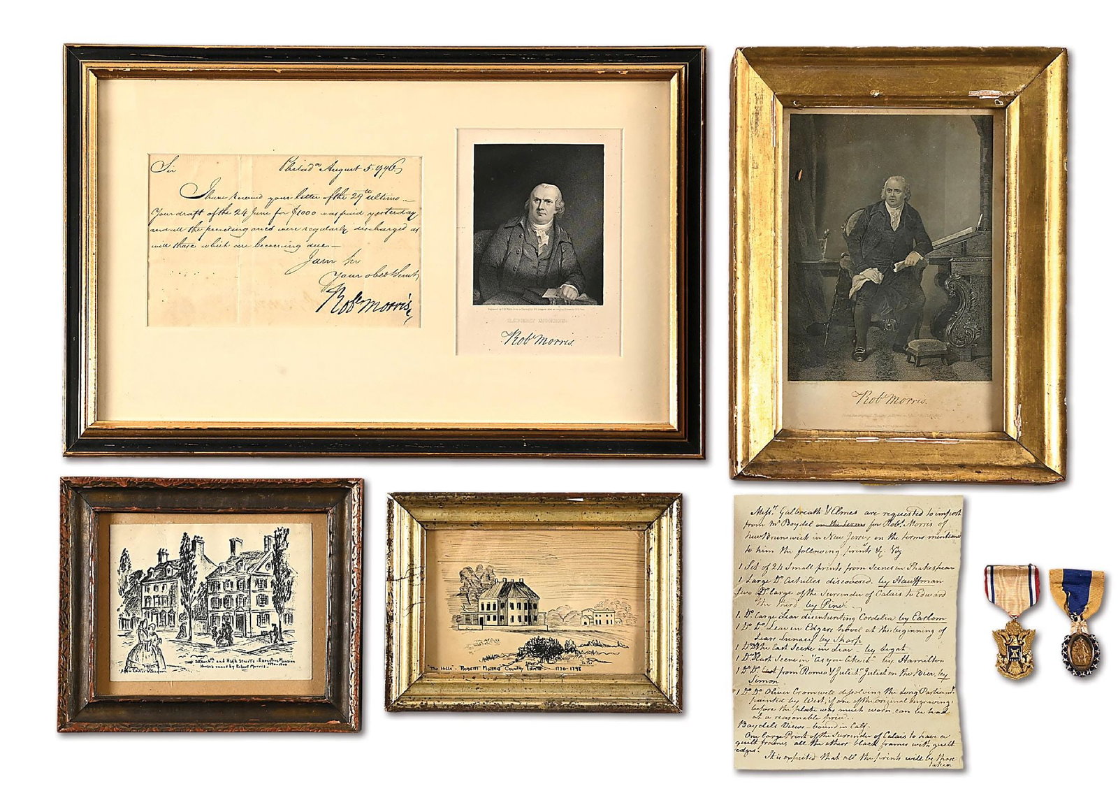 THE FINANCIER OF THE REVOLUTION: ROBERT MORRIS FAMILY ARCHIVE, SIGNED NOTE, DESCENDANT BADGES.: Family archive consists of seven items consigned by a direct descendant and coming down through the family of Founding Father Robert Morris (1734-1806,) signer of the Declaration of Independence, Arti