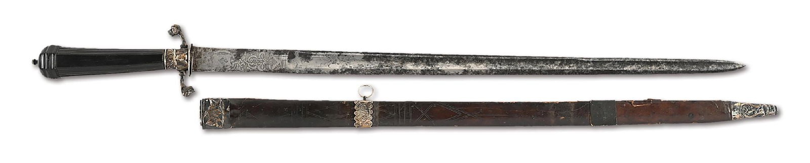 REVOLUTIONARY WAR PERIOD FRENCH CUTTOE OR HUNTING SWORD WITH SCABBARD.: For a similar example, see plate 104.S on page 96 of "Swords and Blades of the American Revolution" by George C. Neumann. Straight single edged blade with shallow wide center fuller, clip point and a