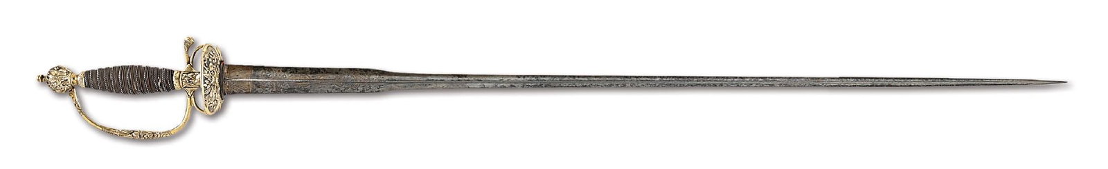 FINE 1763 HALLMARKED GILT SILVER HILTED BRITISH SMALL SWORD.: This officer's sword is profusely decorated with relief chased military motifs. It is hallmarked for 1763. For a similar example, see plate 106.SS on page 339 in "Battle Weapons of the American Revolu