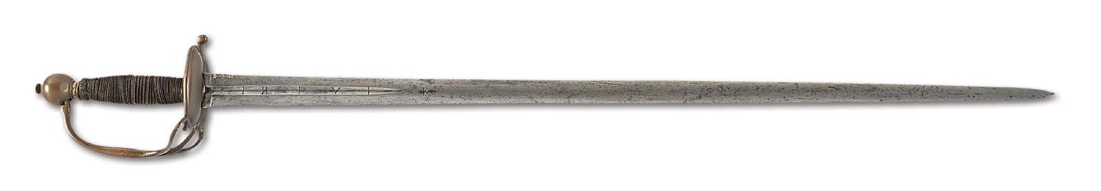 EARLY 18TH CENTURY BRITISH DRAGOON BROADSWORD FROM SHIRBURN CASTLE, EX-GOLDSTEIN.: The sword is marked "SHIRBURN CASTLE" in white letters on the front of the left side of clamshell guard as well at "III". Blade marked in white towards top "B-117-165", the collection mark of Erik Gol