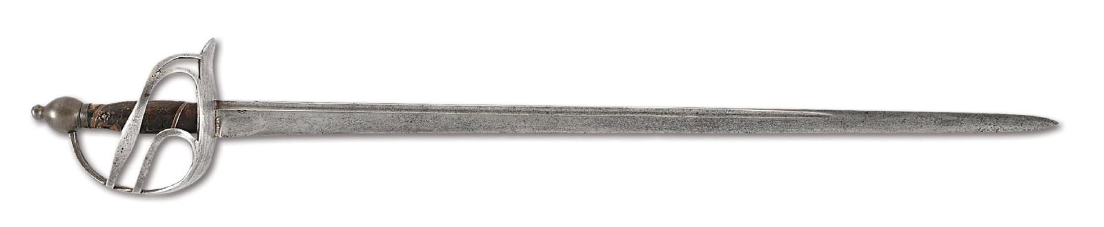 BRITISH REVOLUTIONARY WAR IRON SEMI-BASKET HILT HANGER.: This sword is from the renowned Erik Goldstein Collection and has his collection number in white on top pf blade on right side. The straight blade has a single fuller on top on both sides. Iron hilt w