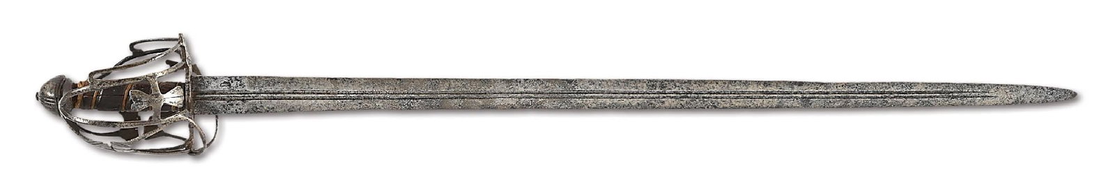 EARLY SCOTTISH BASKET HILT BROADSWORD MARKED CLEMENS BRACH.: Fir two other examples of this 1650-1700 pattern, see 233.S and 234.S on page 139 of "Swords and Blades of the American Revolution" by George C. Neumann. The straight double-edged broadsword blade has