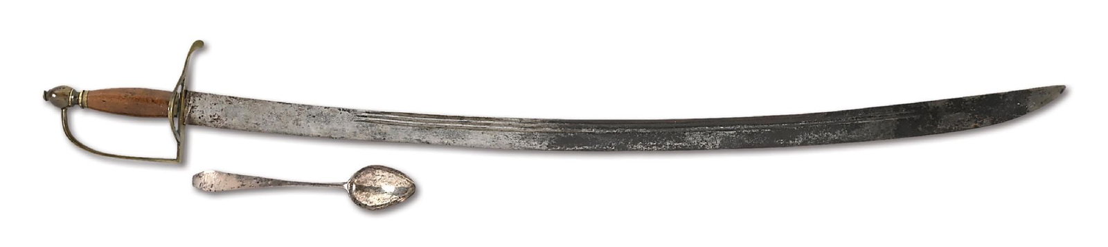 LOT OF 2: DOCUMENTED JEREMIAH SNOW ATTRIBUTED SABER WITH SILVER SPOON WITH HIS TOUCHMARK.: Jeremiah Snow, Sr. worked about 1760-1800 and was a Massachusetts silversmith who is known to have produced both horseman's sabers and short sabers in the Revolutionary era and after. For another exam