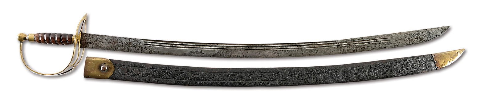 DOCUMENTED AMERICAN REVOLUTIONARY WAR HORSEMAN'S SABER WITH ITS ORIGINAL SCABBARD, EX GEORGE NEUMANN: This sword is featured as plate 141.SS on page 350 of George Neumann's "Battle Weapons of the American Revolution". Neumann's sticker with his handwritten information is still present on the front of