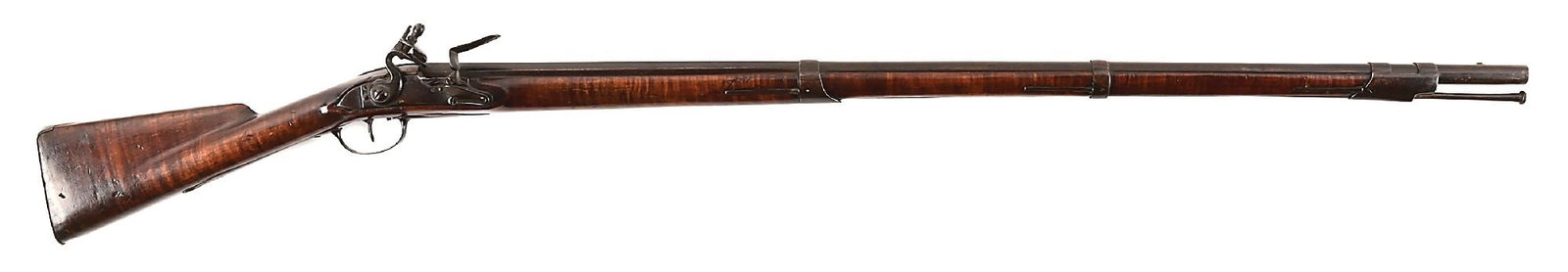 (A) AMERICAN TIGER MAPLE STOCKED FRENCH MODEL 1728 FLINTLOCK REVOLUTIONARY WAR MUSKET.: This attractive musket is American stocked in beautiful tiger maple. The barrel, lock, trigger guard, sideplate, two front bands, and altered buttplate are all from a rare French Model 1728 infantry m
