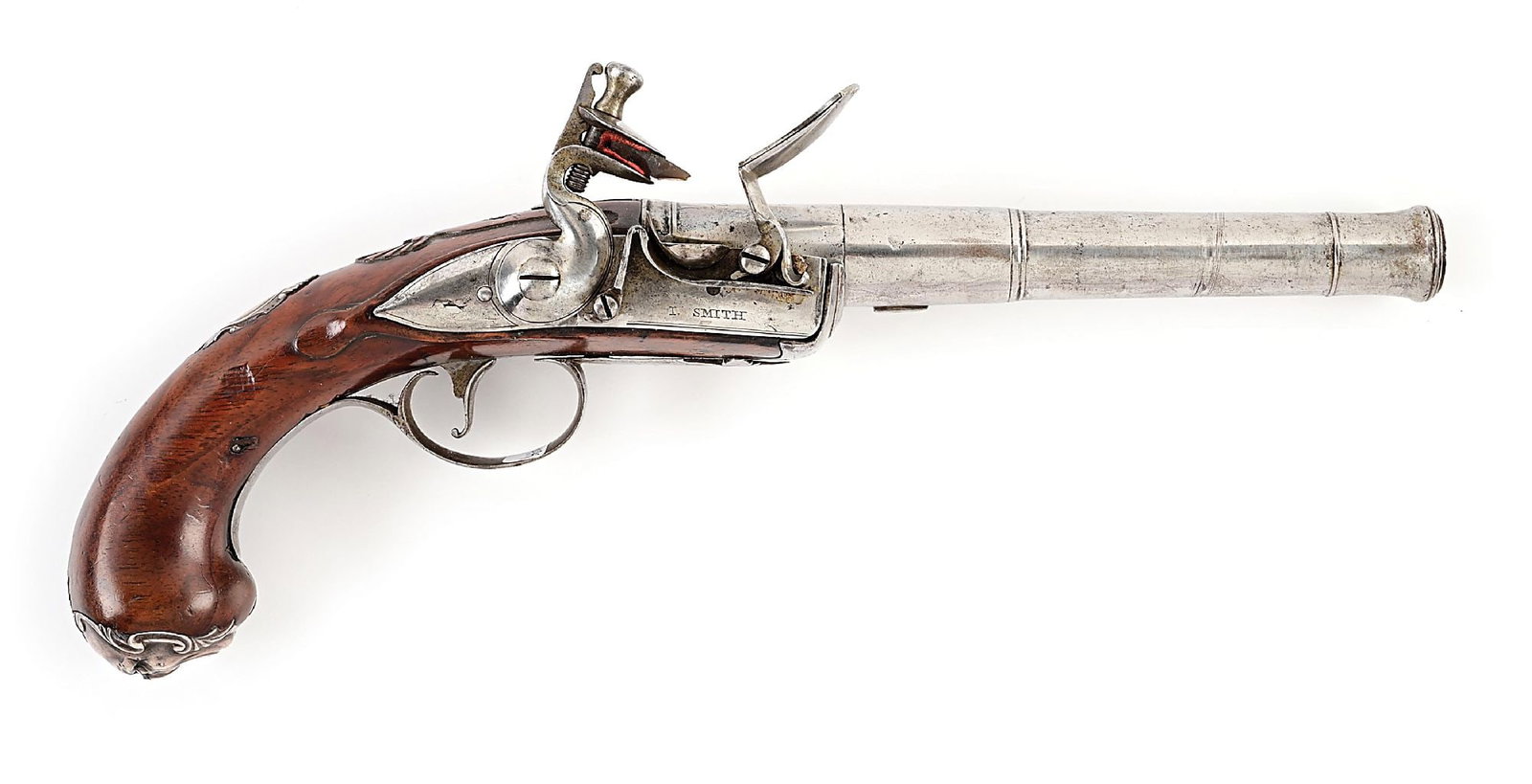 (A) FINE ENGLISH SILVER MOUNTED QUEEN ANNE FLINTLOCK OFFICER'S PISTOL BY ISAAC SMITH. (1 of 14)